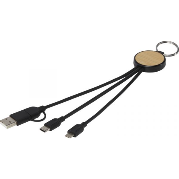 6in1recycledplasticbamboochargingcablewithkeyring Solidblack